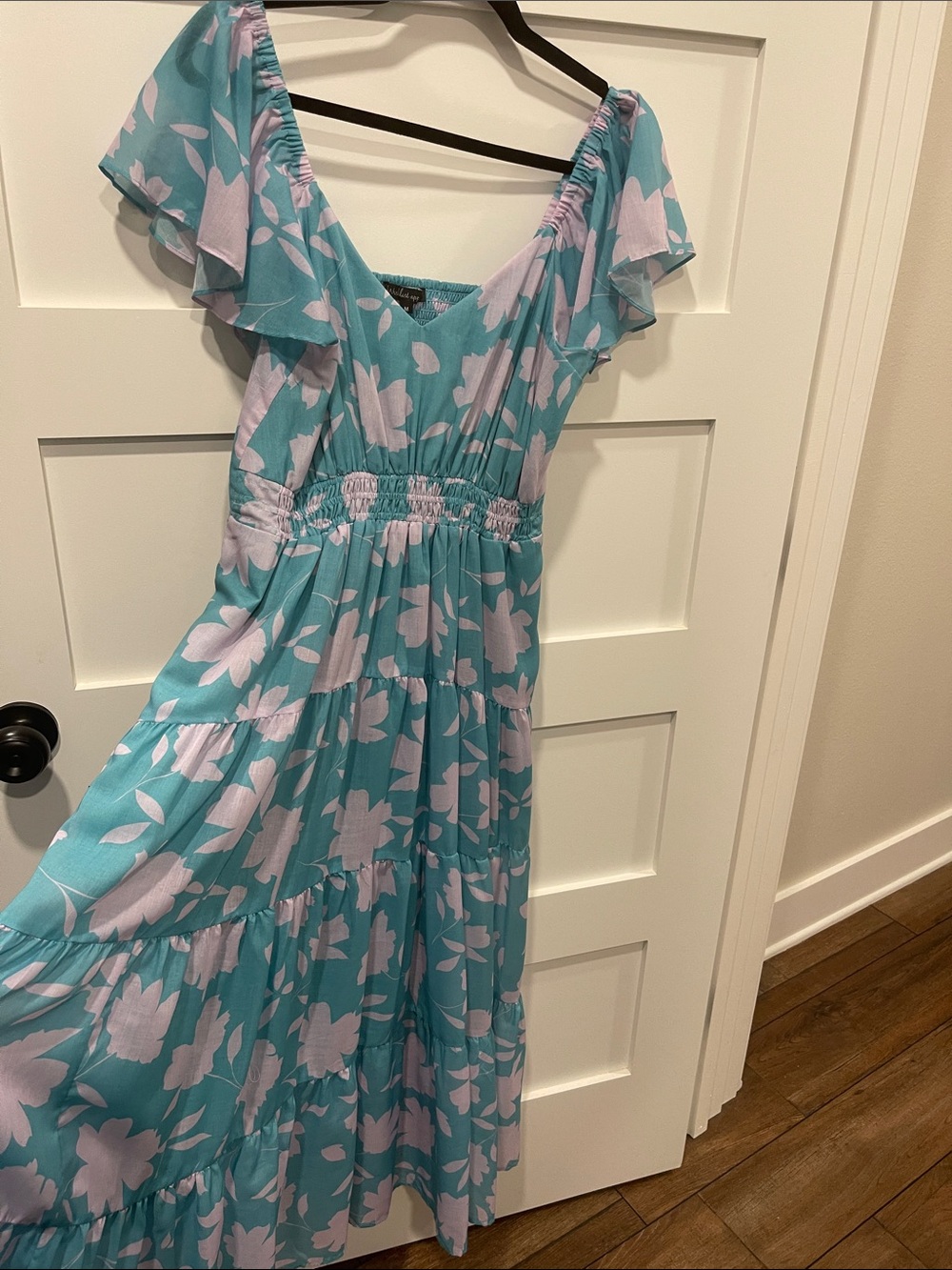 Turquoise Floral Maxi Dress with Flutter Sleeves